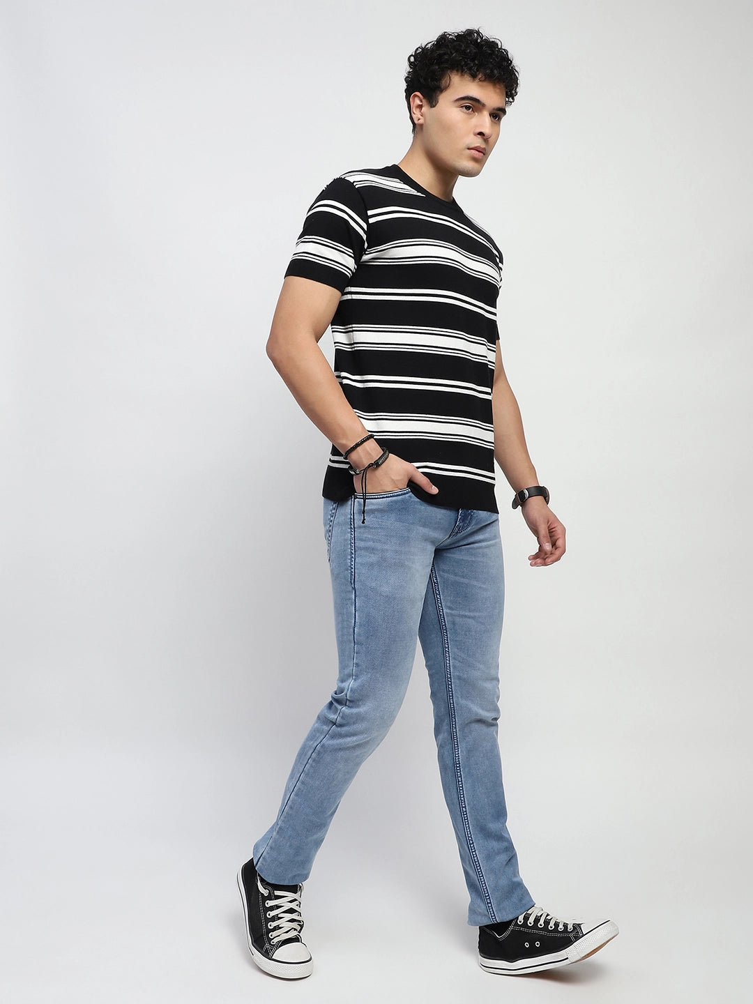 Black & White Stripes Cotton Regular Fit T-Shirt