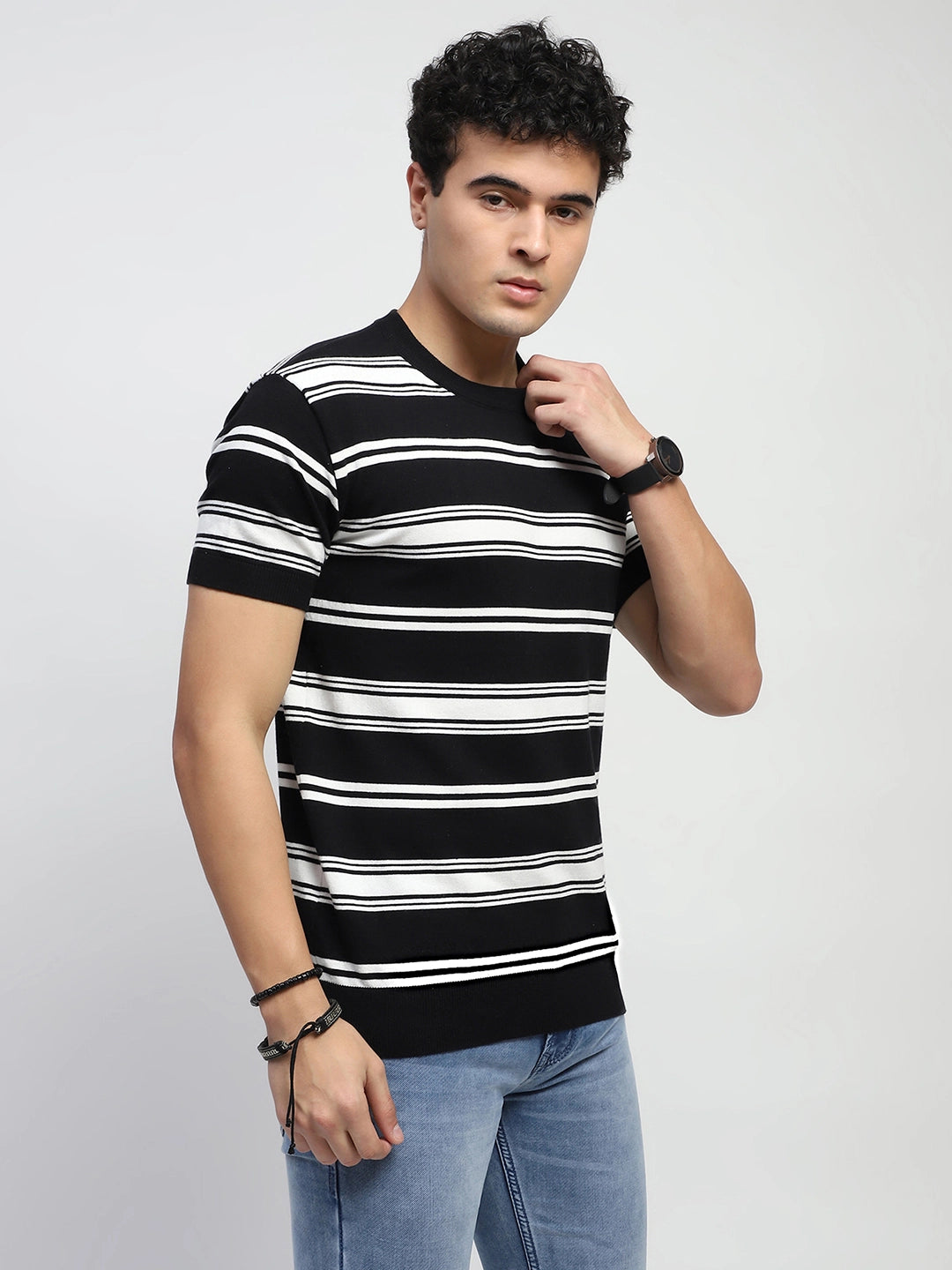 Black & White Stripes Cotton Regular Fit T-Shirt