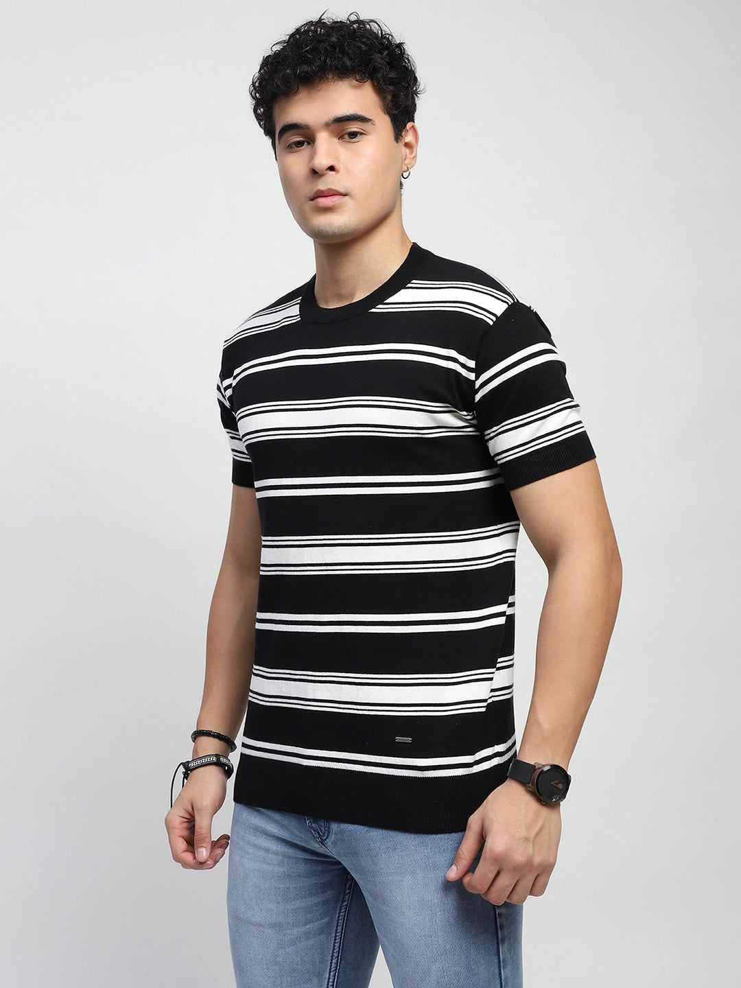 Black & White Stripes Cotton Regular Fit T-Shirt