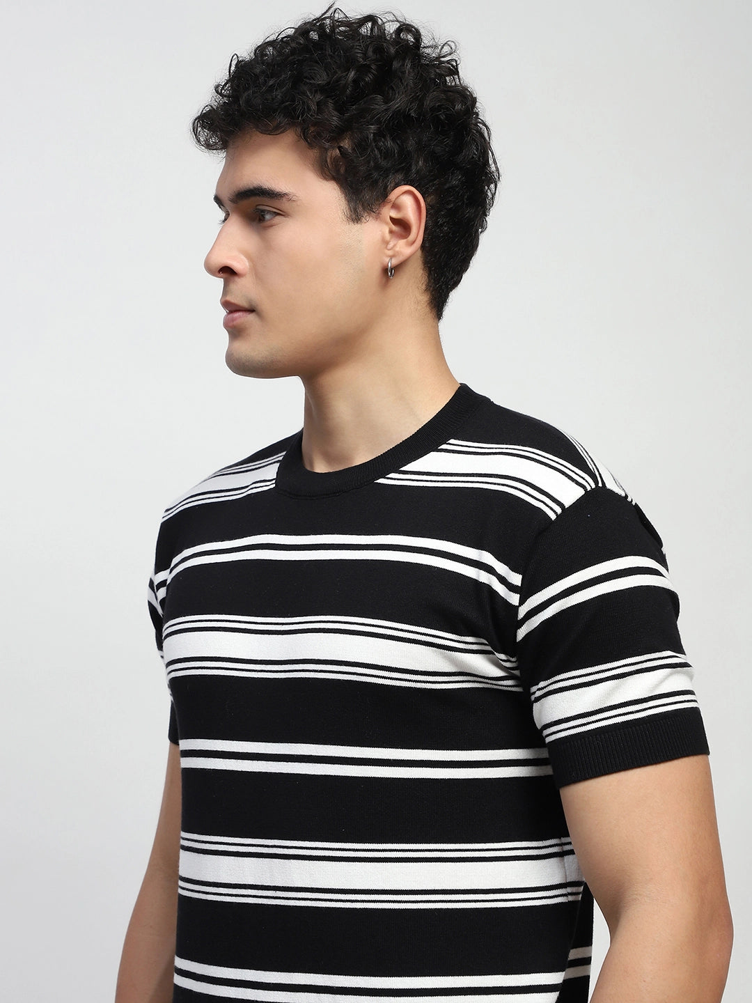 Black & White Stripes Cotton Regular Fit T-Shirt