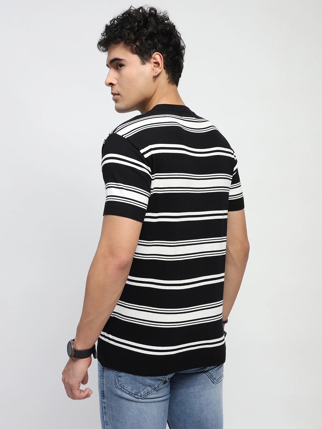 Black & White Stripes Cotton Regular Fit T-Shirt