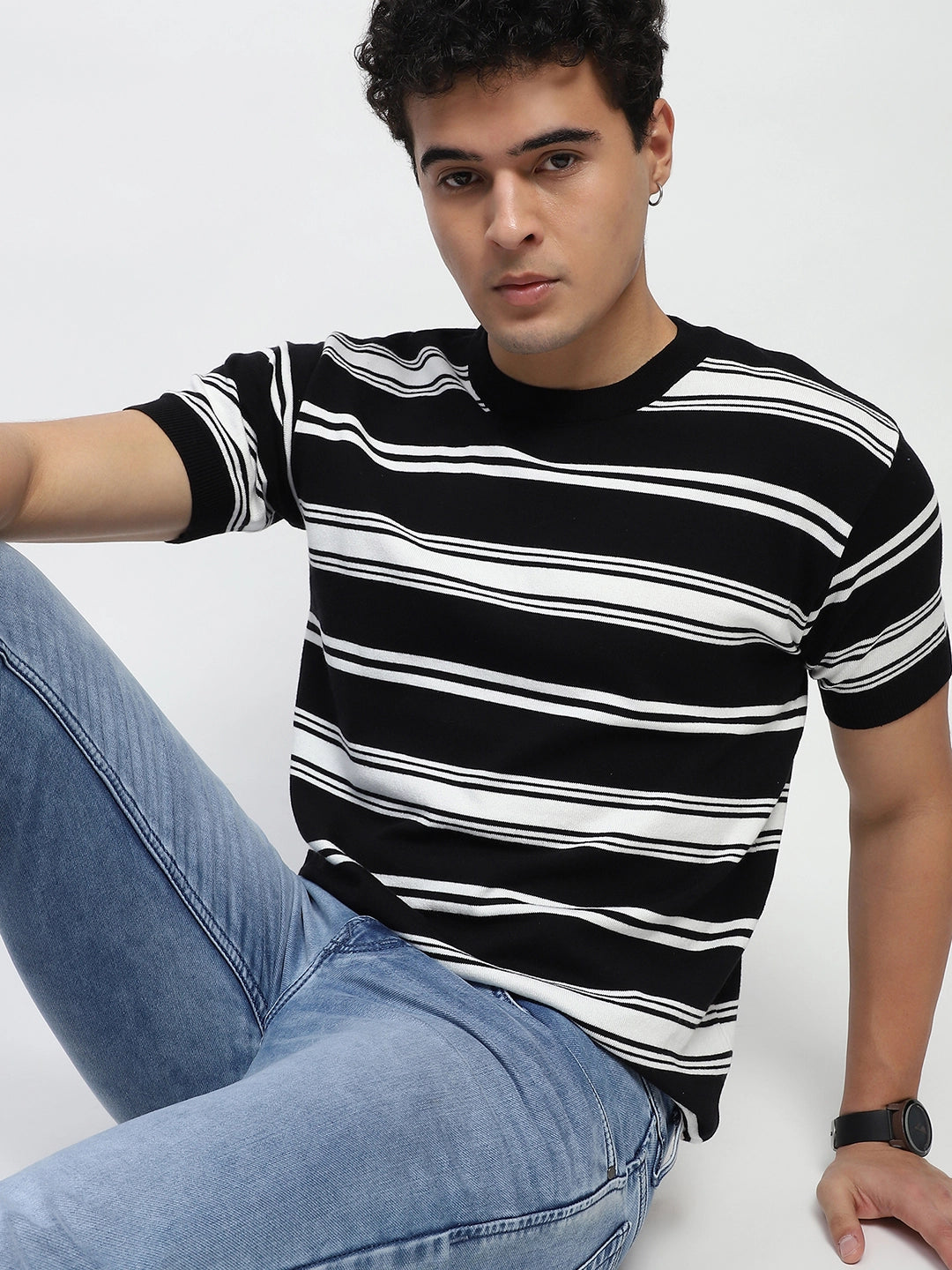 Black & White Stripes Cotton Regular Fit T-Shirt