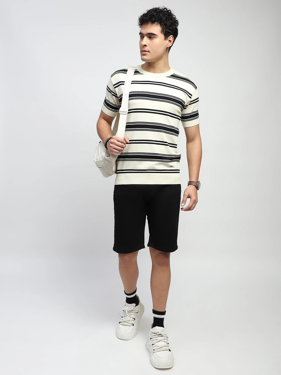 Ecru & Black Stripes Cotton Regular Fit T-Shirt