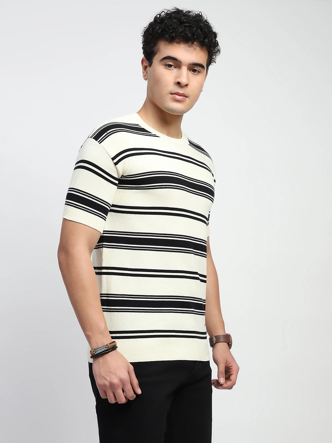 Ecru & Black Stripes Cotton Regular Fit T-Shirt