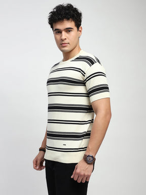 Ecru & Black Stripes Cotton Regular Fit T-Shirt