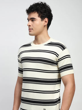 Ecru & Black Stripes Cotton Regular Fit T-Shirt