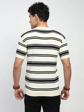 Ecru & Black Stripes Cotton Regular Fit T-Shirt