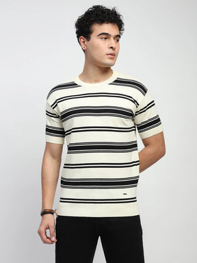 Ecru & Black Stripes Cotton Regular Fit T-Shirt