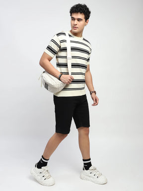 Ecru & Black Stripes Cotton Regular Fit T-Shirt