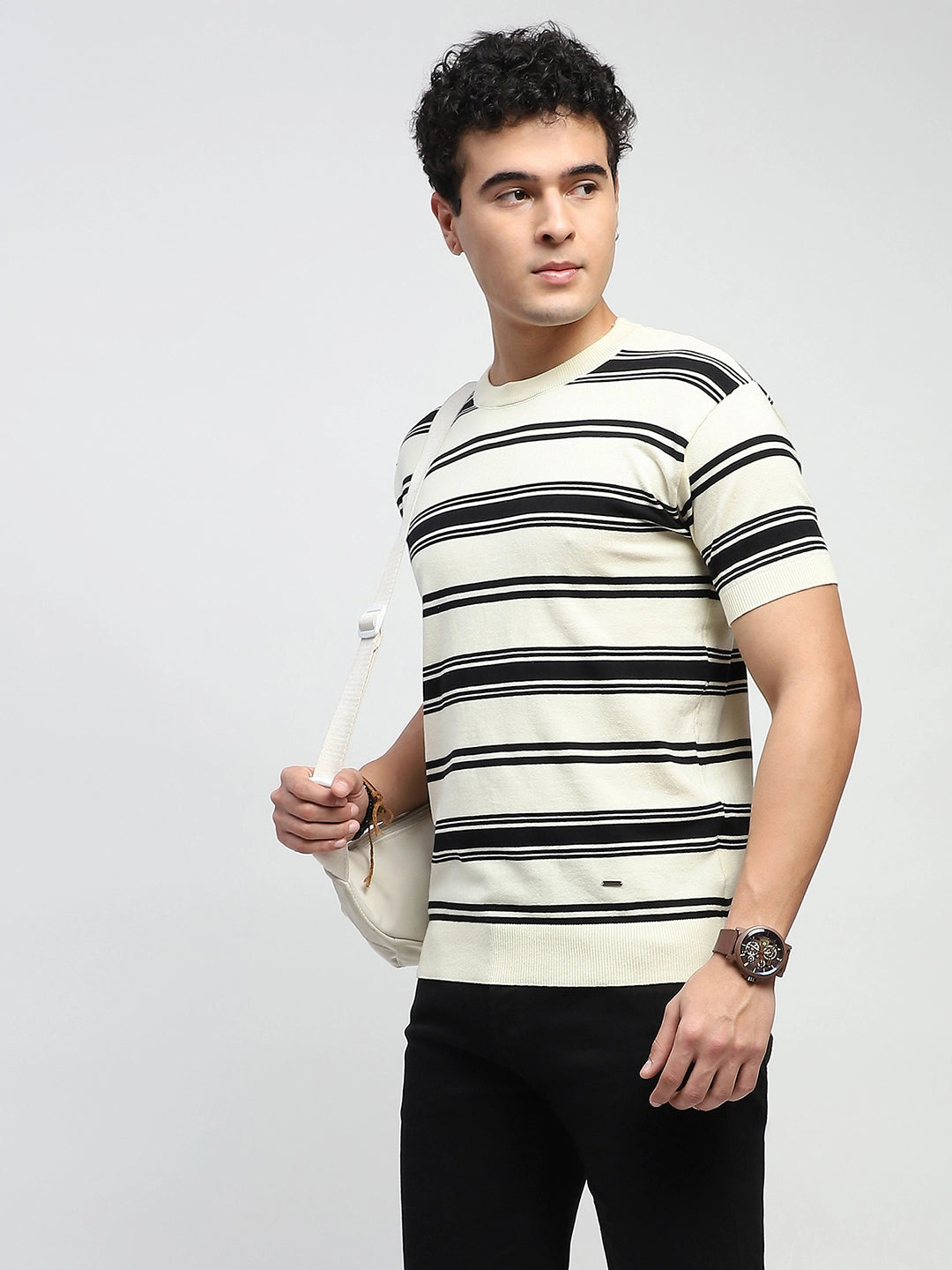 Ecru & Black Stripes Cotton Regular Fit T-Shirt