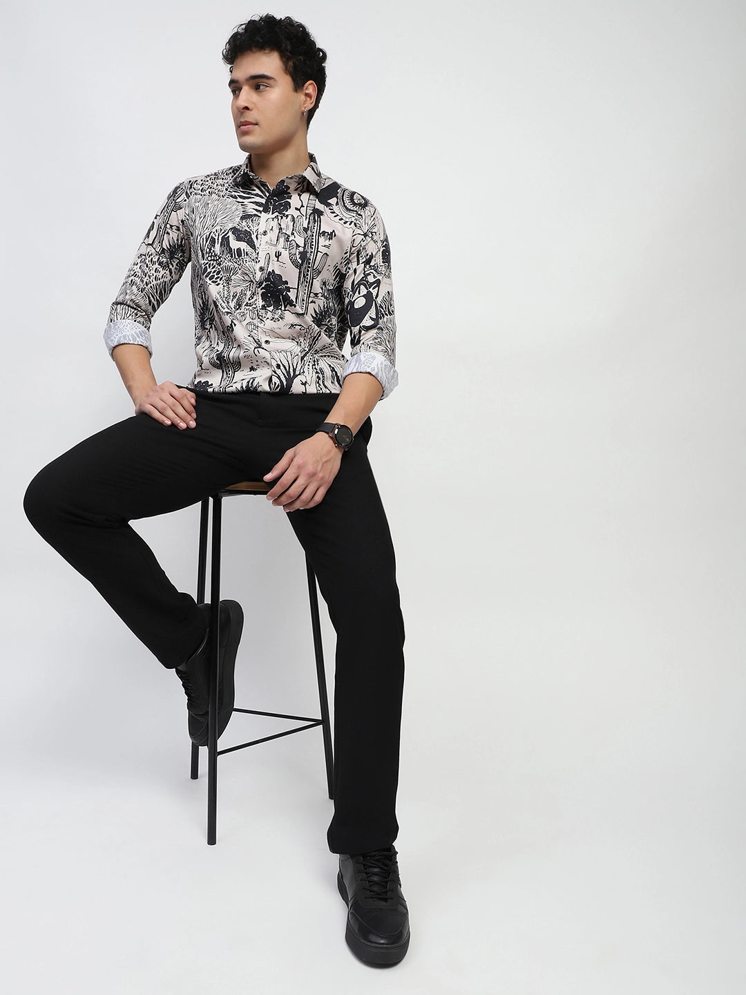 Black & White Tropical print Cotton Regular Fit Shirt