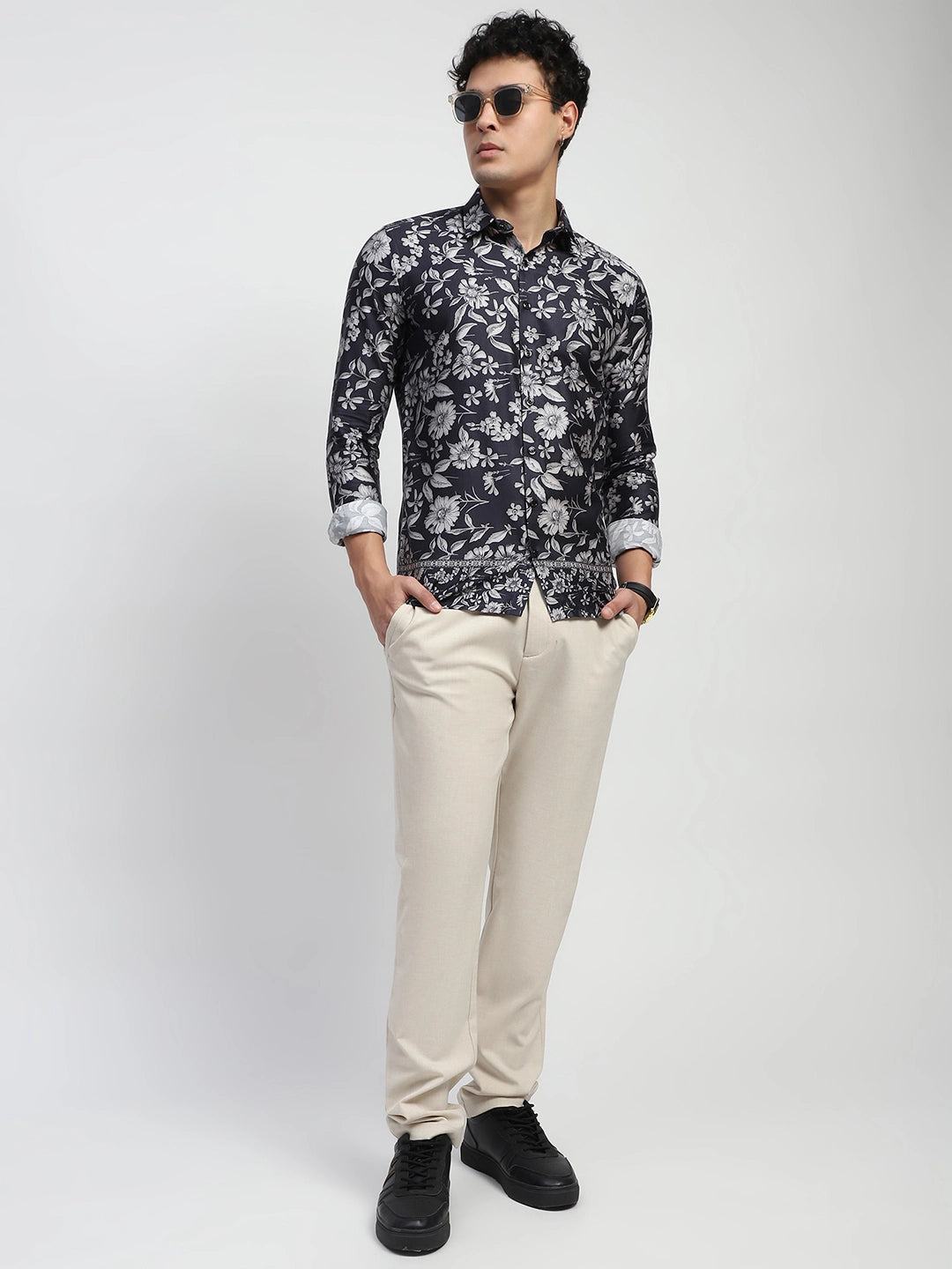 Black Floral Print Cotton Regular Fit Shirt