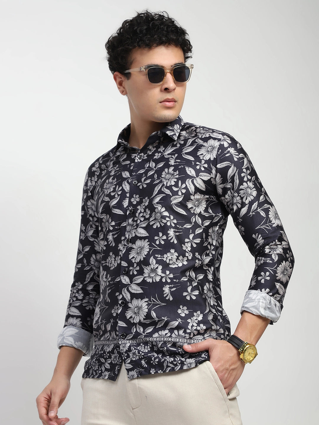 Black Floral Print Cotton Regular Fit Shirt