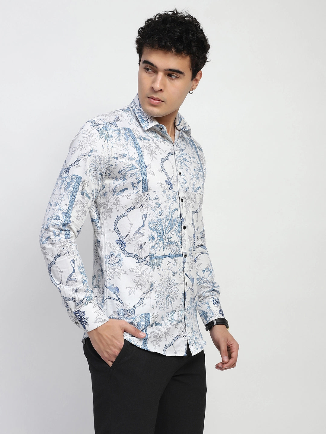 White Tropical print Cotton Regular Fit Shirt