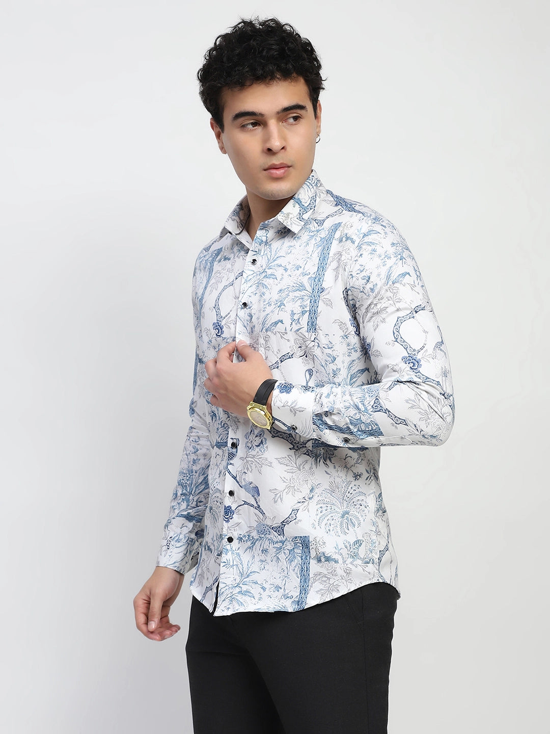 White Tropical print Cotton Regular Fit Shirt