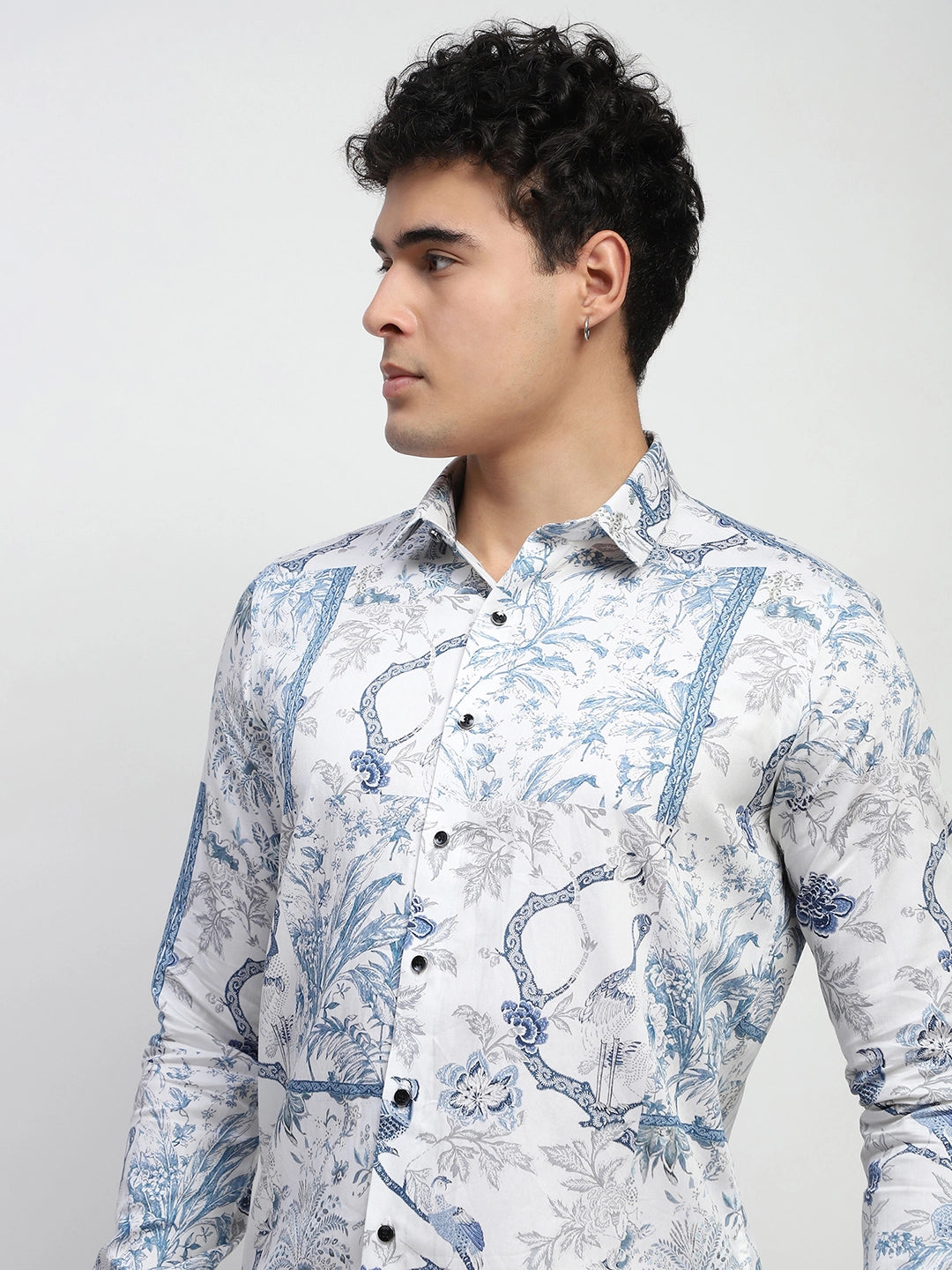 White Tropical print Cotton Regular Fit Shirt