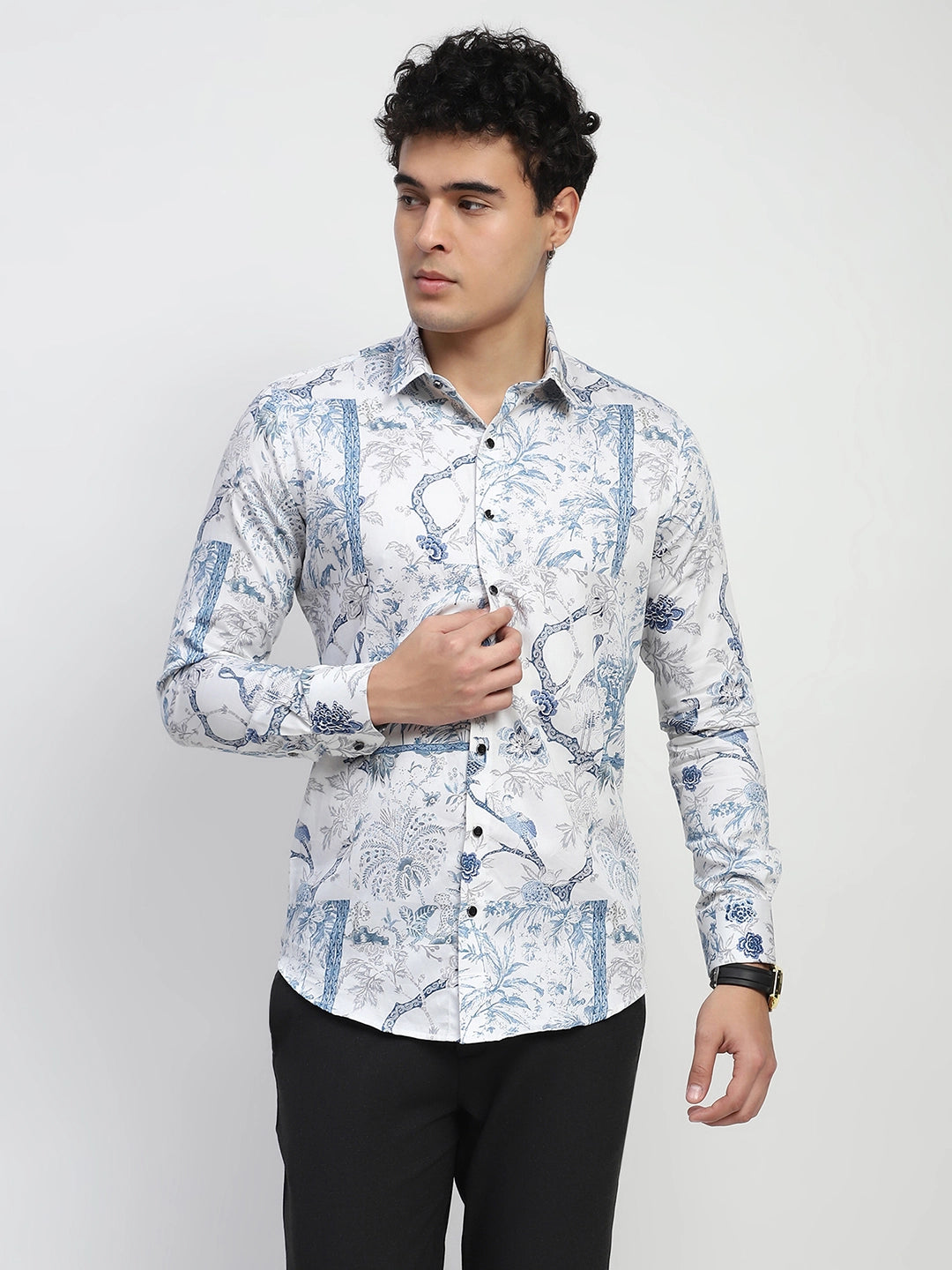 White Tropical print Cotton Regular Fit Shirt