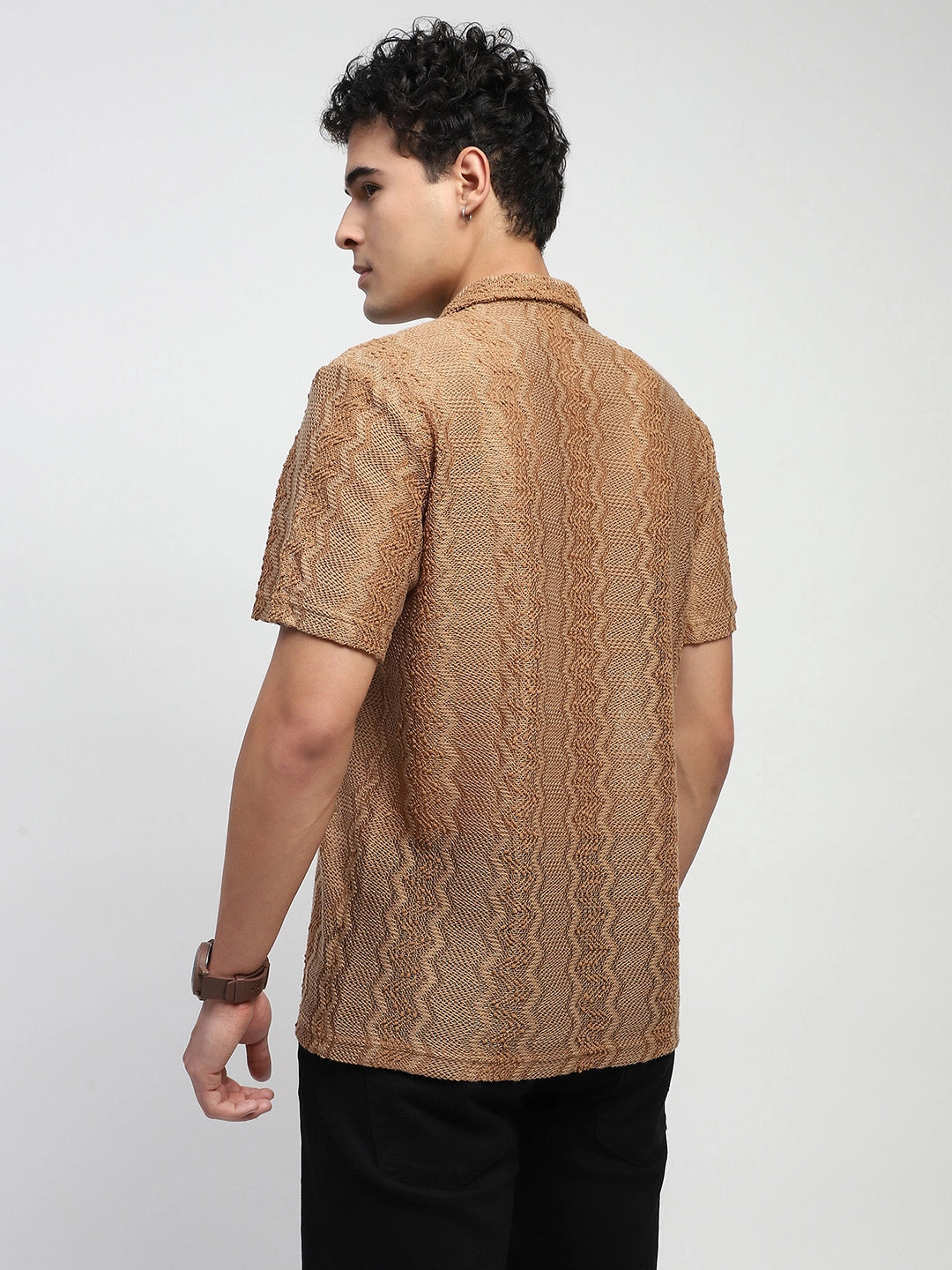 Brown Knitted Polyblend Relaxed Fit Shirt