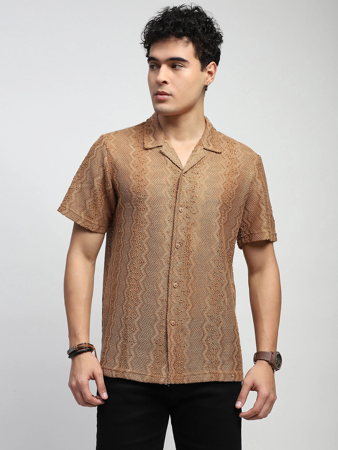 Brown Knitted Polyblend Relaxed Fit Shirt