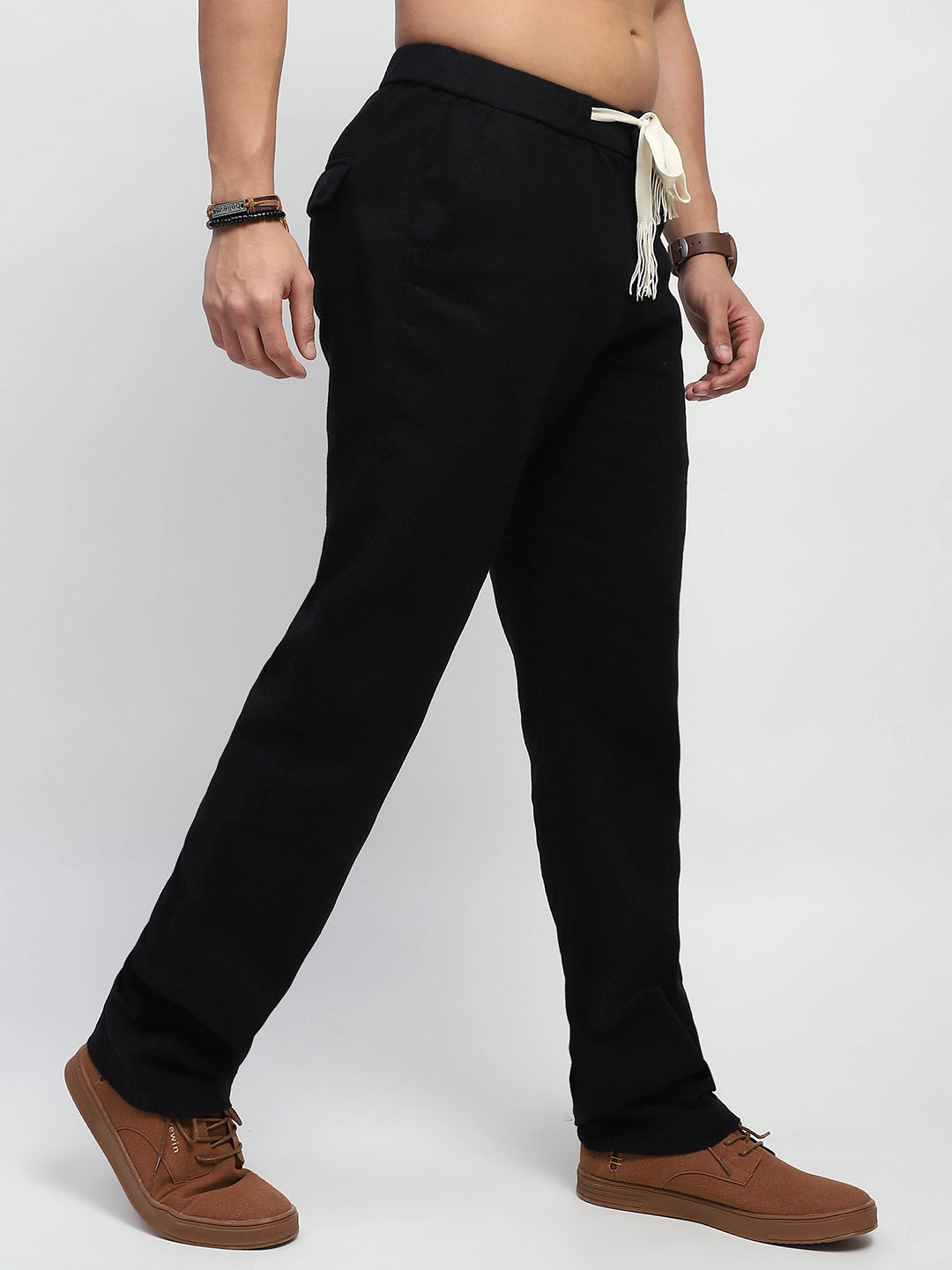 Black Solid Cotton Loose Fit Trouser