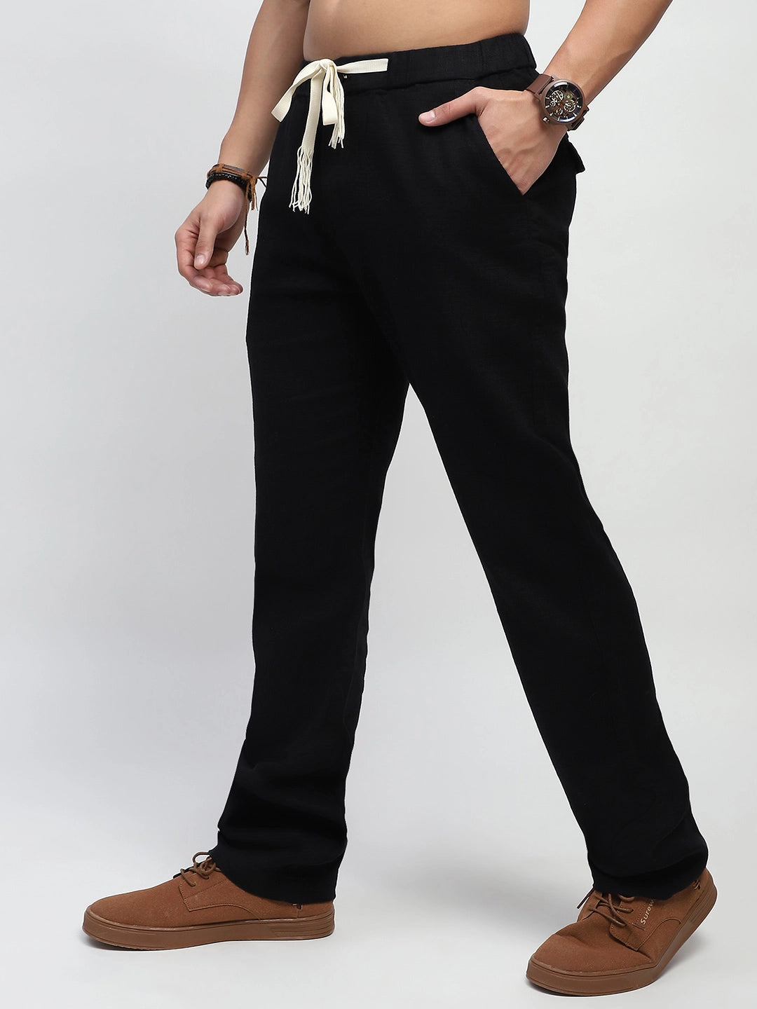 Black Solid Cotton Loose Fit Trouser