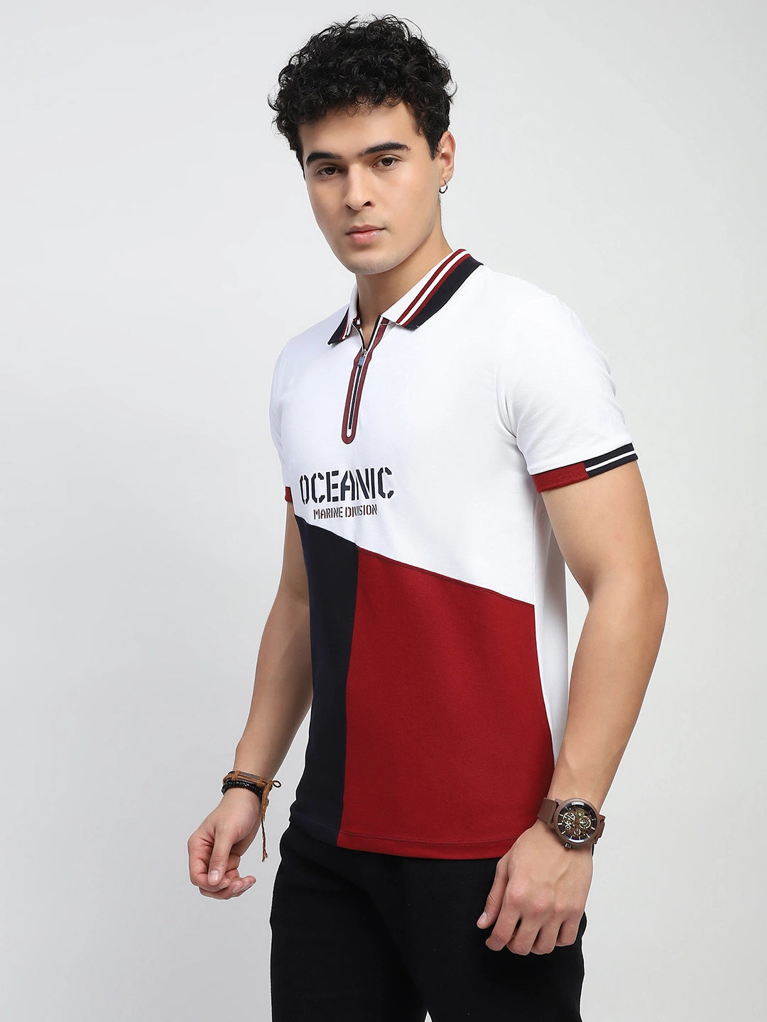 Maroon Color Block Cotton Regular Fit T-Shirt