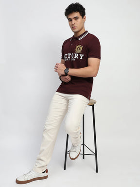 Maroon Typography Embroidered Cotton Regular Fit Polo T-Shirt