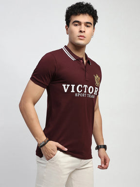 Maroon Typography Embroidered Cotton Regular Fit Polo T-Shirt