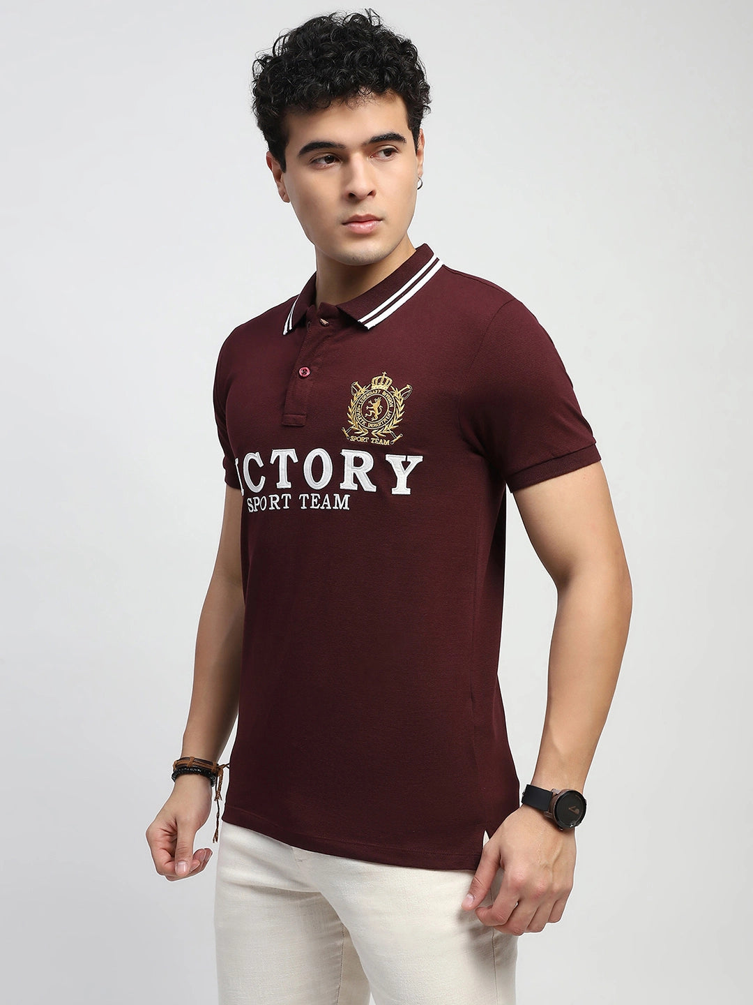 Maroon Typography Embroidered Cotton Regular Fit Polo T-Shirt