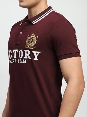 Maroon Typography Embroidered Cotton Regular Fit Polo T-Shirt