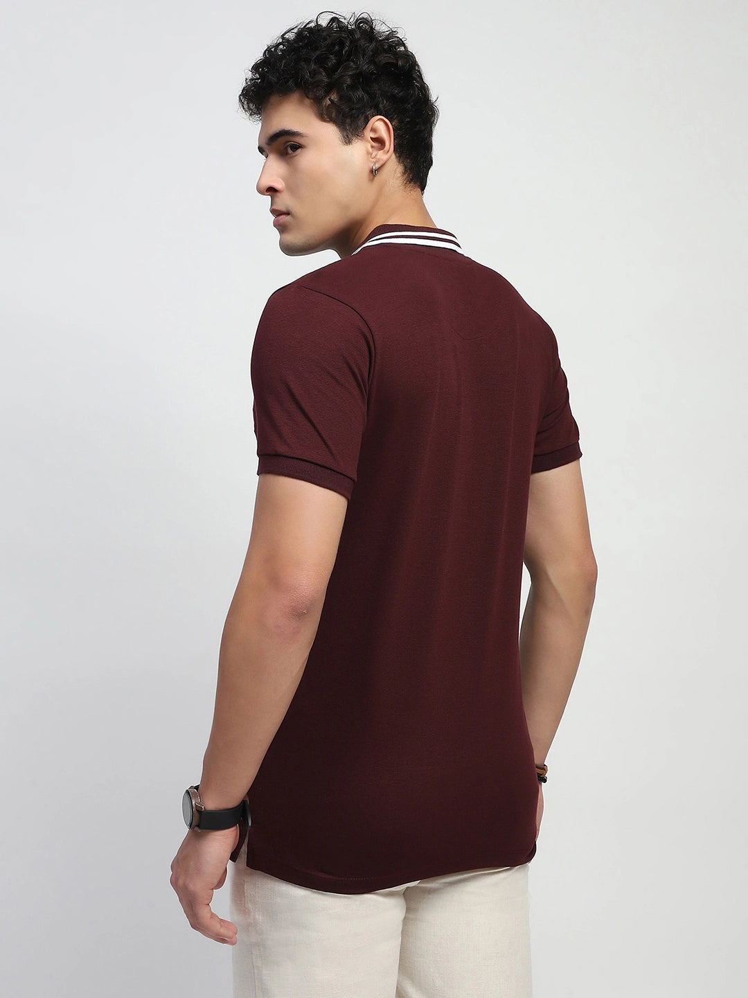 Maroon Typography Embroidered Cotton Regular Fit Polo T-Shirt