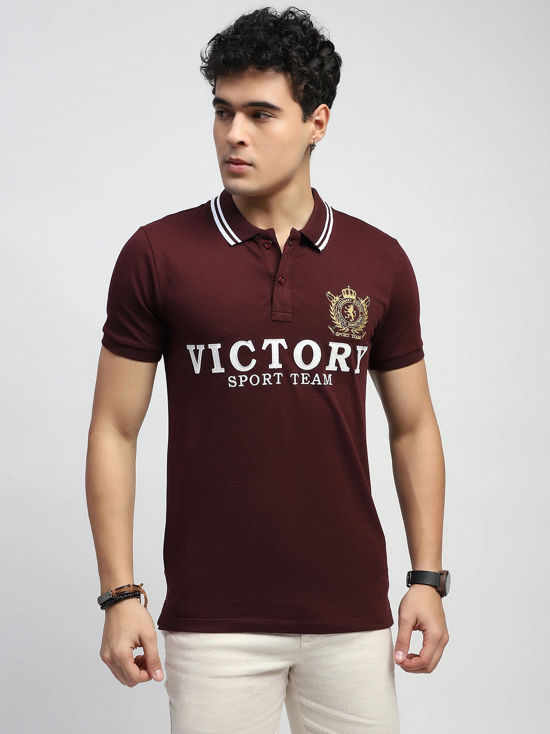 Maroon Typography Embroidered Cotton Regular Fit Polo T-Shirt