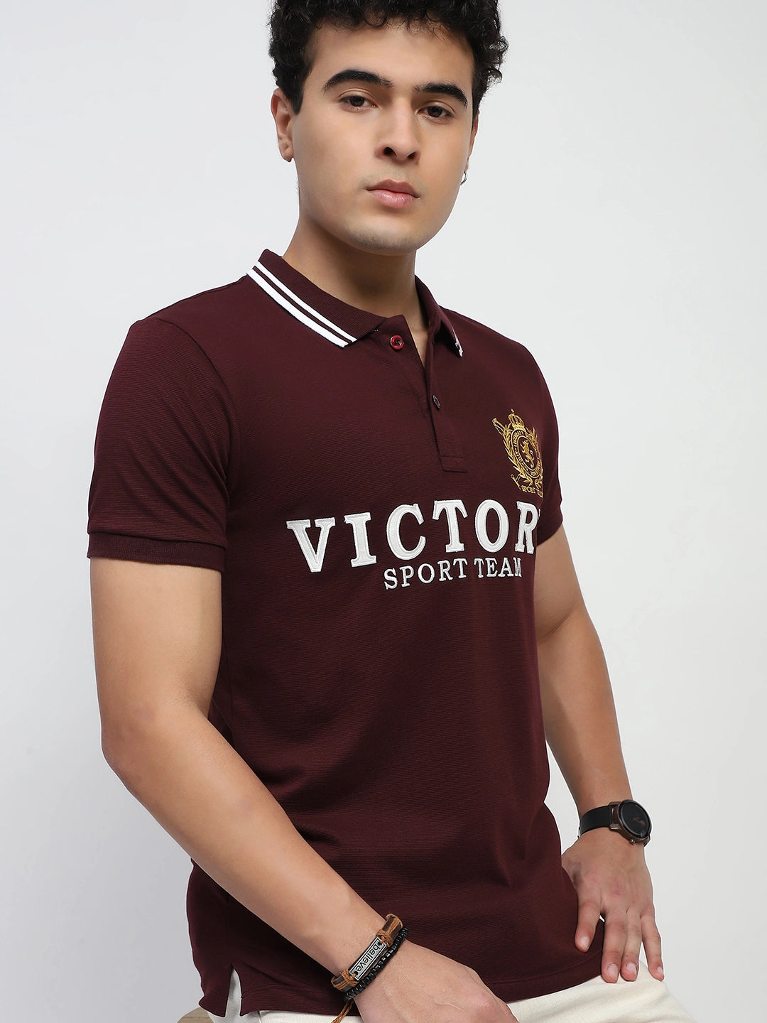 Maroon Typography Embroidered Cotton Regular Fit Polo T-Shirt