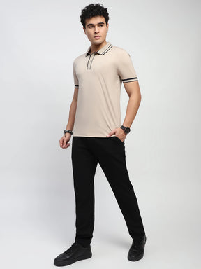 Beige Solid Cotton Blend Regular Fit Polo T-Shirt