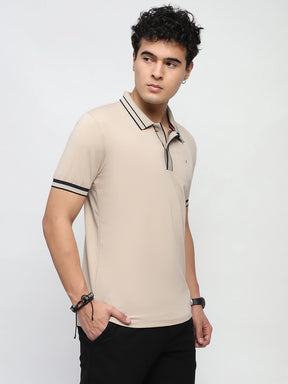 Beige Solid Cotton Blend Regular Fit Polo T-Shirt