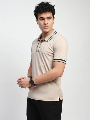 Beige Solid Cotton Blend Regular Fit Polo T-Shirt