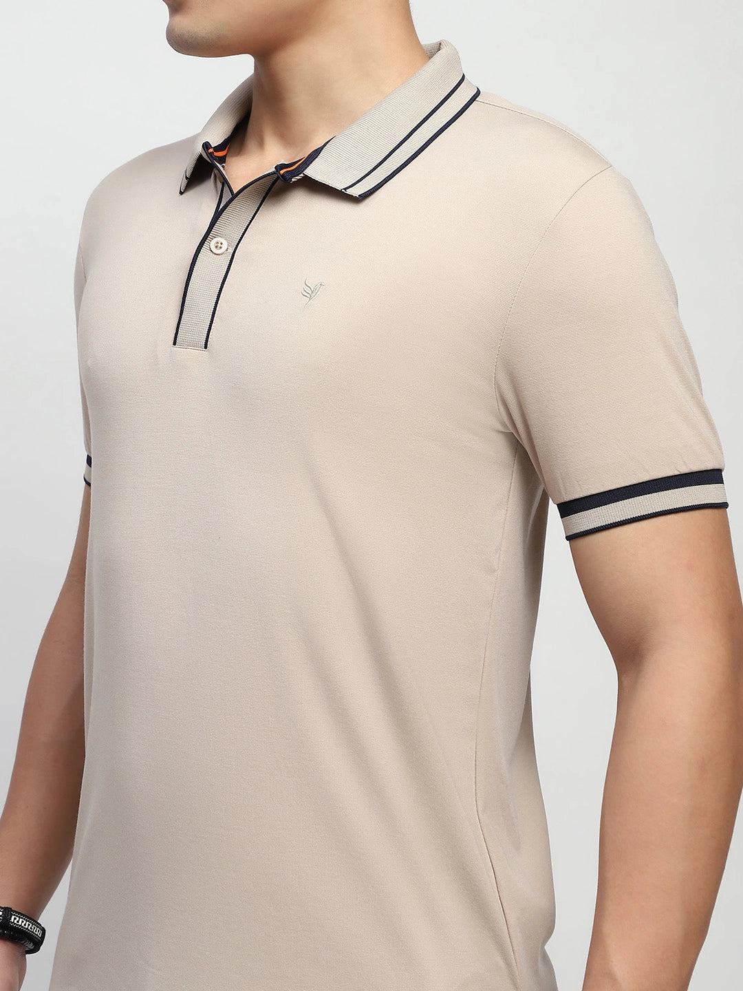 Beige Solid Cotton Blend Regular Fit Polo T-Shirt