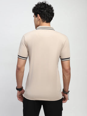 Beige Solid Cotton Blend Regular Fit Polo T-Shirt