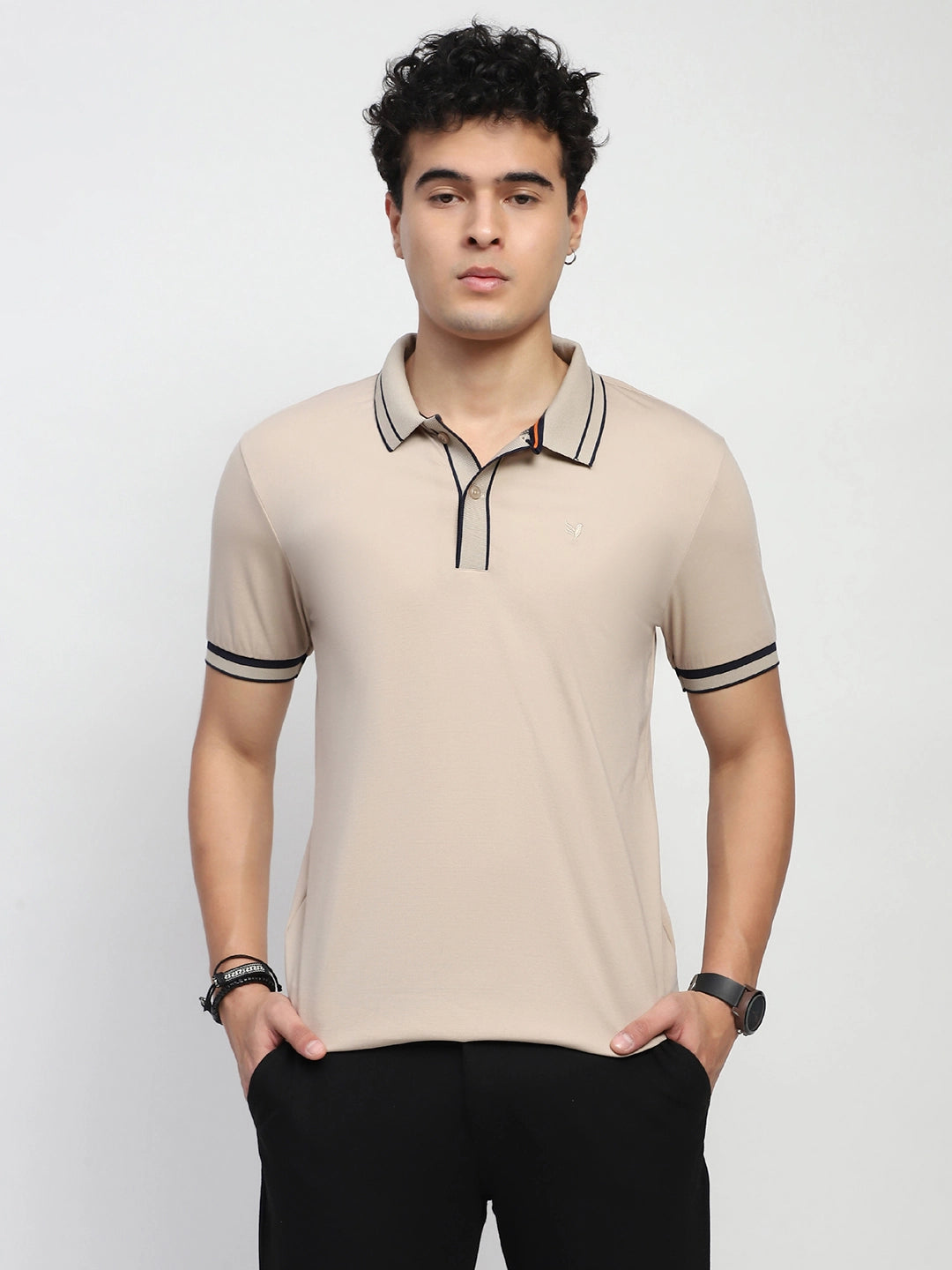 Beige Solid Cotton Blend Regular Fit Polo T-Shirt