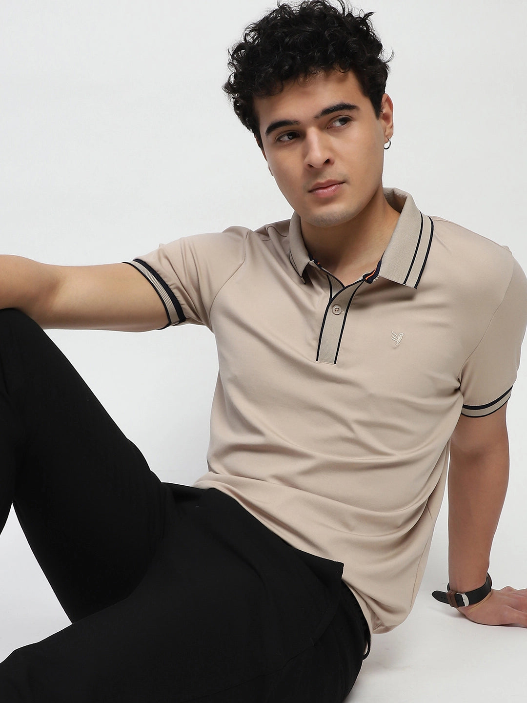 Beige Solid Cotton Blend Regular Fit Polo T-Shirt