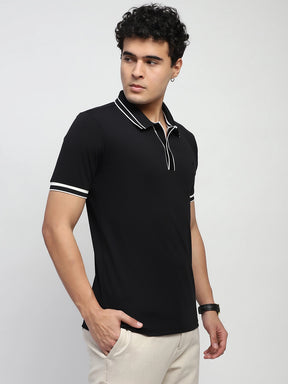 Black Solid Cotton Blend Regular Fit Polo T-Shirt