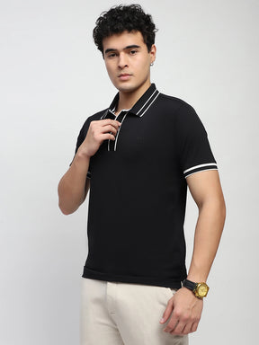 Black Solid Cotton Blend Regular Fit Polo T-Shirt