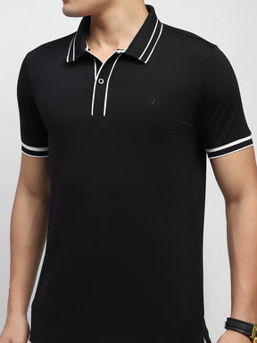 Black Solid Cotton Blend Regular Fit Polo T-Shirt