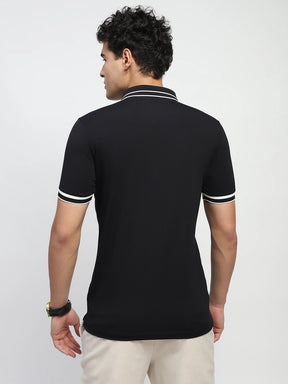 Black Solid Cotton Blend Regular Fit Polo T-Shirt