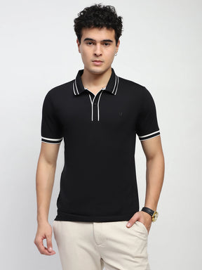 Black Solid Cotton Blend Regular Fit Polo T-Shirt