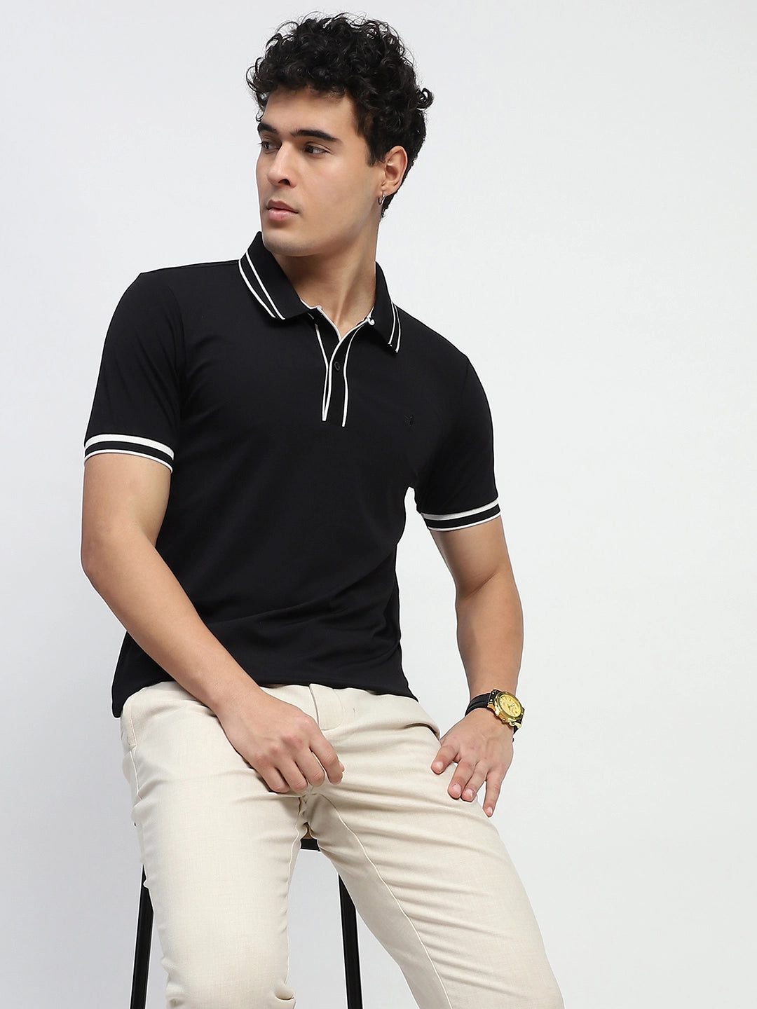 Black Solid Cotton Blend Regular Fit Polo T-Shirt