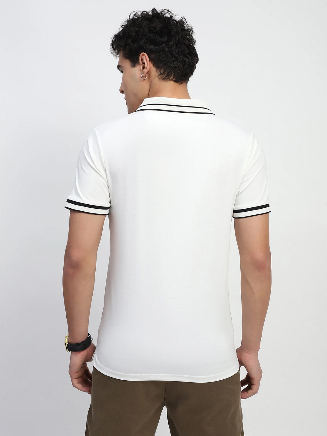 Off White Solid Cotton Blend Regular Fit Polo T-Shirt