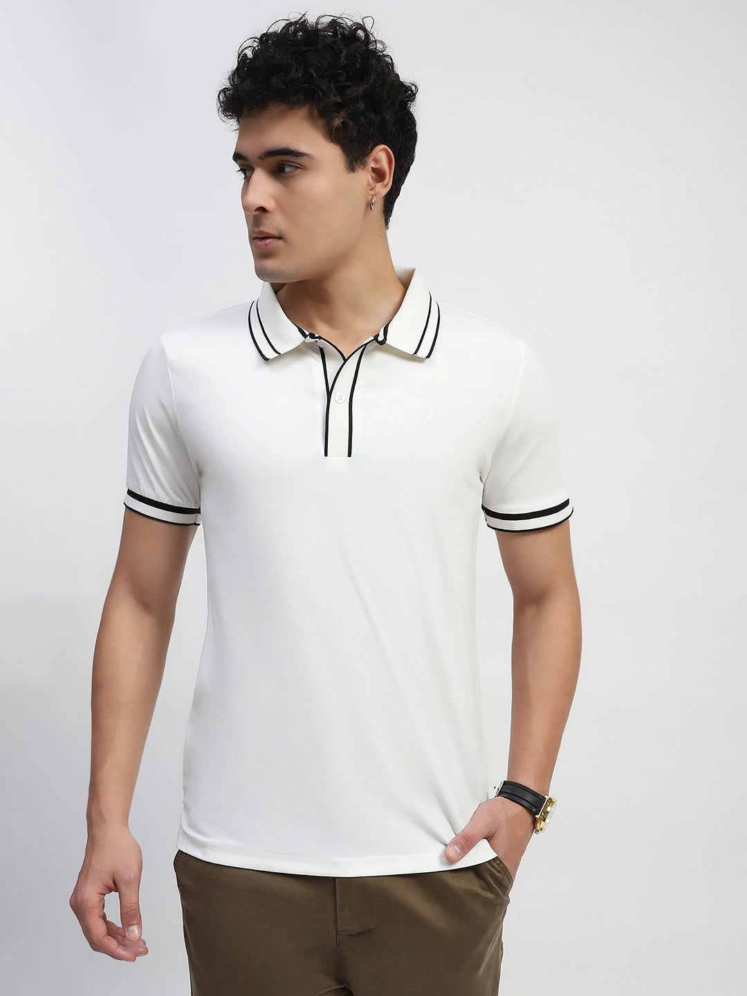 Off White Solid Cotton Blend Regular Fit Polo T-Shirt