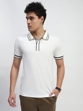 Off White Solid Cotton Blend Regular Fit Polo T-Shirt