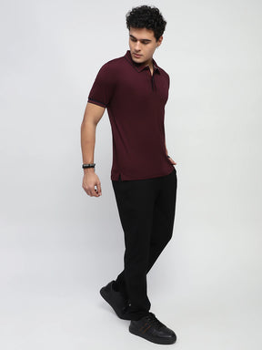 Wine Solid Cotton Blend Regular Fit Polo T-Shirt